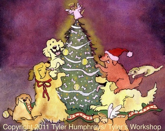 Golden Retriever Christmas Card: Watercolor Dog Art Print