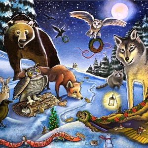 Tarjeta navideña de animales del bosque (13x18 cm): zorro, oso, mapache, búho, ardilla, ratón, animales del bosque, escena navideña, naturaleza invernal, tarjeta de felicitación de paz.