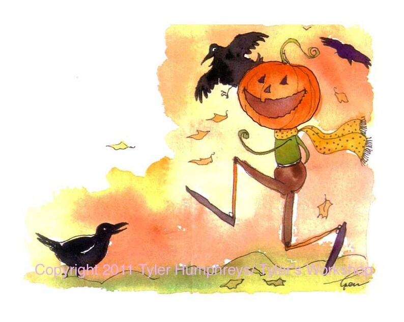 Pode incluir: Uma pintura em aquarela de um espantalho com cabe&ccedil;a de ab&oacute;bora com uma camisa verde e cal&ccedil;as marrons, correndo com um len&ccedil;o que se move com o vento. H&aacute; tr&ecirc;s corvos negros voando no fundo e folhas caindo no ar. A pintura tem um fundo amarelo, laranja e marrom.