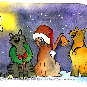 Tarjeta navideña de gatos - Tarjeta navideña divertida de gatos - Arte felino - Ilustración de acuarela de gatos divertidos - Impresión "Gatos navideños maullando"