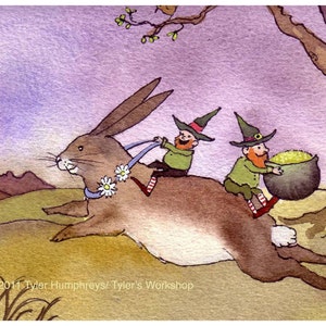 May include: Two leprechauns riding a brown rabbit with a daisy garland. The leprechaun in the back is holding a pot of gold. The scene is set in a field with a tree in the background.