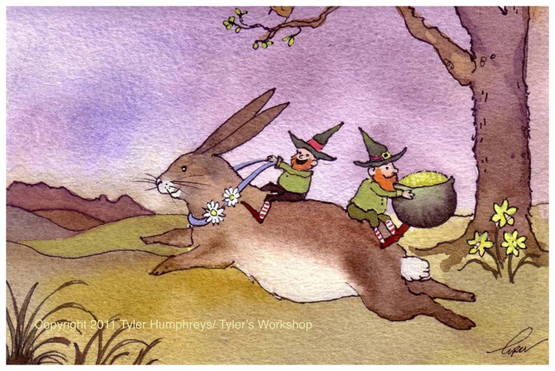 May include: Two leprechauns riding a brown rabbit with a daisy garland. The leprechaun in the back is holding a pot of gold. The scene is set in a field with a tree in the background.