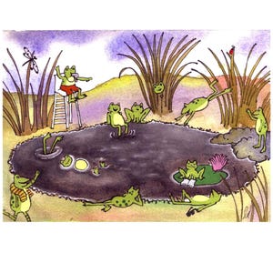 Tarjeta de felicitación de ranas nadadoras de 5 x 7 pulgadas, divertida tarjeta de animales de verano, rana de acuarela, fiesta en la piscina, regalo para amantes de la naturaleza, tarjeta de cumpleaños de anfibios, interior en blanco