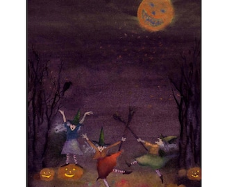 Halloween Witches Art Print: Pumpkin Harvest Moon Illustration (8" x 10")
