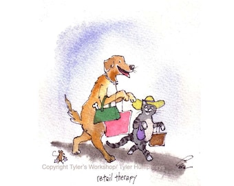 Grappige dieren wenskaart- Mouse Dog & Cat Card- Aquarel Dieren Illustratie Cartoon Print-'Retail Therapy'