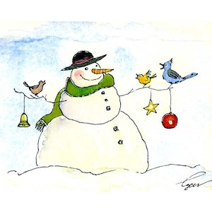 Tarjeta de felicitación navideña de muñeco de nieve - Arte de muñeco de nieve - Ilustración de acuarela de muñeco de nieve de invierno - Impresión de tarjeta de felicitación de dibujos animados