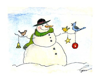 Snowman Christmas Greeting Card - Snowman Art - Winter Snowman Watercolor Painting Illustration Cartoon Greeting Card Print