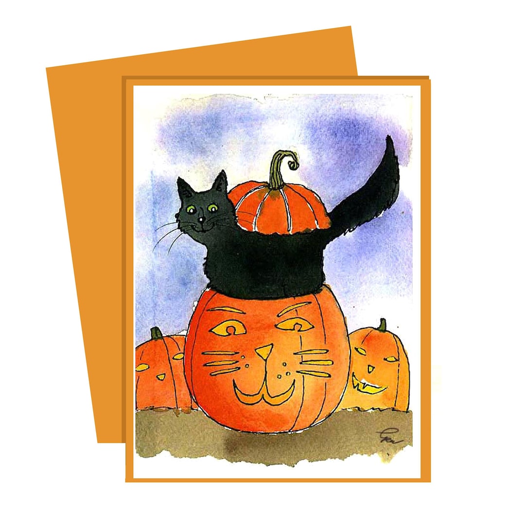 Funny Black Cat Halloween Card: Watercolor Pumpkin Illustration - Etsy