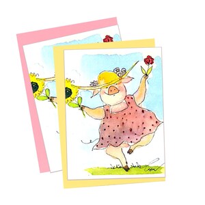 Carte de voeux cochon - carte cochon drôle - cochon aquarelle drôle Art Illustration impression « joli cochon rose et tournesol »