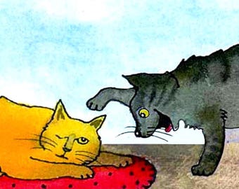 Funny Cat Greeting Card: Watercolor Cartoon Illustration Print