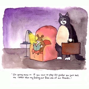 Carte de voeux drôle de chat et de souris - Art de chat - Art de souris - Carte de voeux de chat et de souris - Illustration de dessin animé drôle de chat et de souris - « When The Cats Away... »