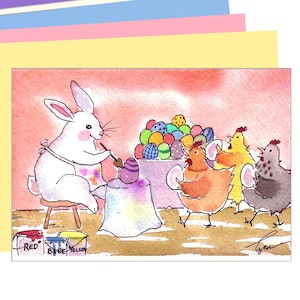 Cartão engraçado de coelho da Páscoa - Artista no trabalho - Saudação de primavera - Ovos pintados em aquarela de coelho - Cartão de Páscoa fofo de 4x6 para crianças e amantes de animais