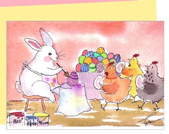Watercolor Easter Card: Funny Bunny & Chicken Art