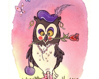 Funny Owl Greeting Card - Funny Bird Card - Birds, Owls Watercolor Greeting Card - 'An Owl Named Rose'