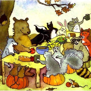Carte d'automne Woodland Thanksgiving - animaux de la forêt mignon voeux - carte automne ours renard écureuil raton laveur - Invitation fête nature - carte vierge 5 x 7