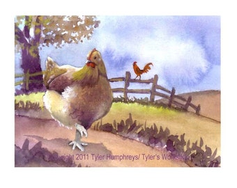 Funny Chicken Card, Chicken Greeting Card, Chicken Illustration, Funny Hen and Rooster Print 'A Tale Of Two Chickens'