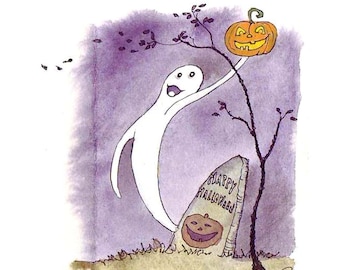 Ghost Halloween-kaart: wenskaart aquarel pompoen