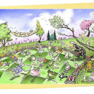 May include: A whimsical greeting card featuring a colorful illustration of a bunny hop. The scene depicts numerous anthropomorphic rabbits and other animals frolicking in a garden setting, with flowers, trees, and a banner that reads "Just the Bunny Hop".