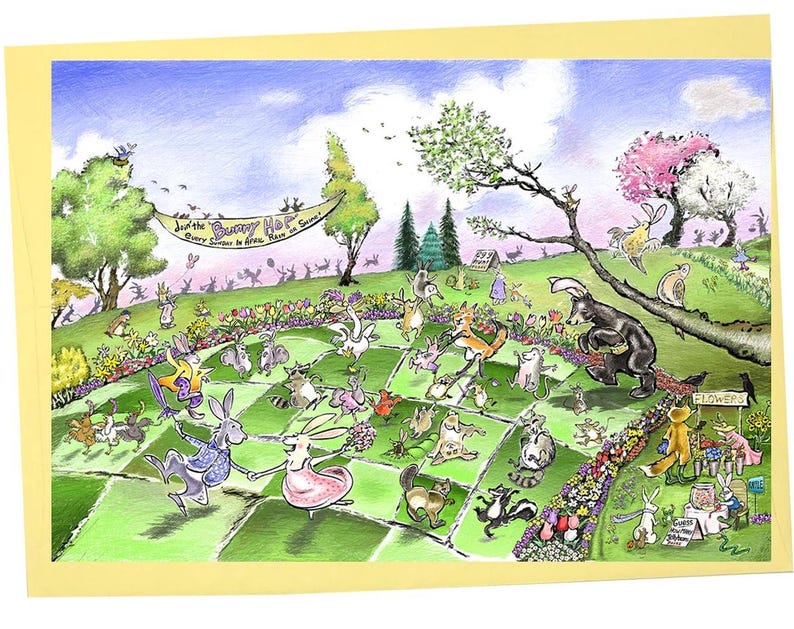 May include: A whimsical greeting card featuring a colorful illustration of a bunny hop. The scene depicts numerous anthropomorphic rabbits and other animals frolicking in a garden setting, with flowers, trees, and a banner that reads "Just the Bunny Hop".
