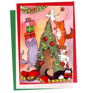 Christmas Cats Tree Card — 5x7 Watercolor Holiday Scene