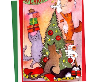 Christmas Cats Tree Card — 5x7 Watercolor Holiday Scene