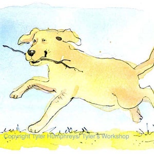Dog Card, Funny Dog Greeting Card, Dog Art, Watercolor Card Dog, Labrador Retriever Running Dog Print, Dog painting Print, &#39;Fetch&#39;