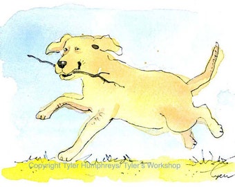 Dog Card, Funny Dog Greeting Card, Dog Art, Watercolor Card Dog, Labrador Retriever Running Dog Print, Dog painting Print, 'Fetch'