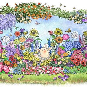 Tarjeta de jardín con cerdos, tarjeta de 5x7 en blanco, tarjeta de felicitación floral, regalo para amantes de los cerdos, arte de animales de granja, tarjeta de naturaleza, tarjeta de juego de palabras hecha a mano.