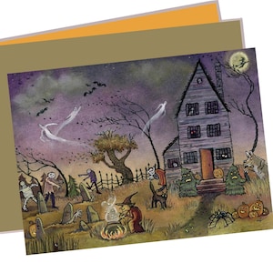 Handmade Halloween Greeting Card: Haunted House, Witch & Black Cat