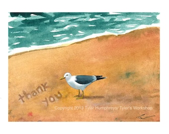 Lege Seagull Beach Bedankkaart, Ocean Beach Seagull aquarel afgedrukt wenskaart, vogel illustratie, zomerkaart, Seagull Bird Card