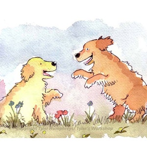 Cartão de cachorro Golden Retriever, pintura em aquarela/ilustração, cartão de felicitações para cães, impressão 'Romping Rovers'