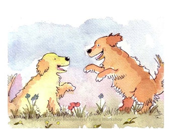 Dog Card Golden Retriever Watercolor Painting/ Illustration Dogs Greeting Card Print 'Romping Rovers'