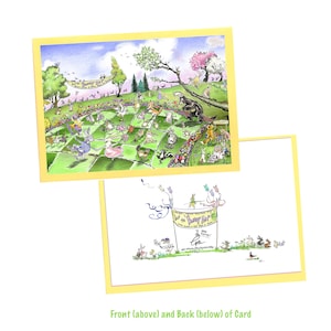 Cartão de Páscoa feito à mão Primavera Floresta Animais Aquarela Impressão Digital Animais Engraçados Arte para Crianças Primavera Cartão de Aniversário Flores