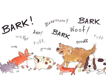 Funny Barking Dogs Watercolor Art Card: Dog Lover Birthday, Blank Inside