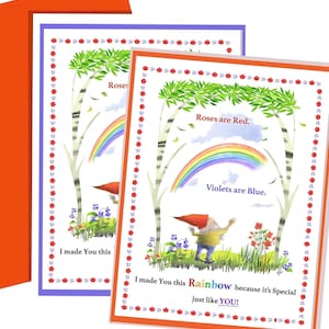 Aanmoedigingskaart Rainbow Gnome - wenskaart grillig sprookjesbos met gedicht rozen zijn rood - handgemaakte kaart van 5 x 7 voor kinderen en volwassenen