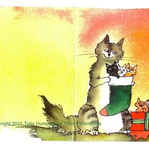 Arte de gato - Tarjeta de felicitación navideña de gato - Impresión de pintura de acuarela de gatitos de gato