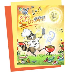 Tarjeta divertida de barbacoa con mapache, tarjeta de animal de verano, tarjeta de barbacoa en el patio, tarjeta de parrilla, tarjeta del Día del Padre, tarjeta de rana con arte animal de acuarela caprichoso