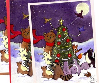 Watercolor Woodland Animals Christmas Card