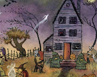 Handgemachte Halloween Grußkarte: Geisterhaus, Hexe & schwarze Katze