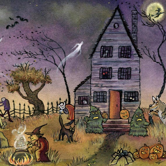 Handmade Halloween Greeting Card: Haunted House, Witch & Black Cat