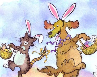 Funny Bunny Dog Cat Parade Card Spring Greeting