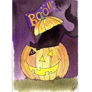 Black Cat Halloween Card: Watercolor Pumpkin Greeting Card