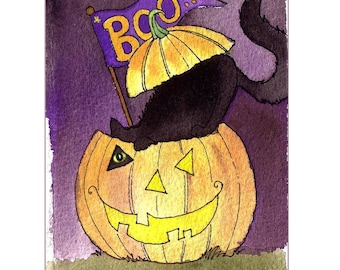 Black Cat Halloween Card: Watercolor Pumpkin Greeting Card