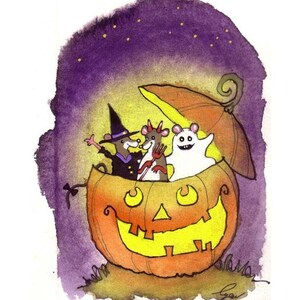 May include: Three mice dressed as a witch, a devil, and a ghost are riding inside a glowing orange jack-o'-lantern with a purple and yellow watercolor background.