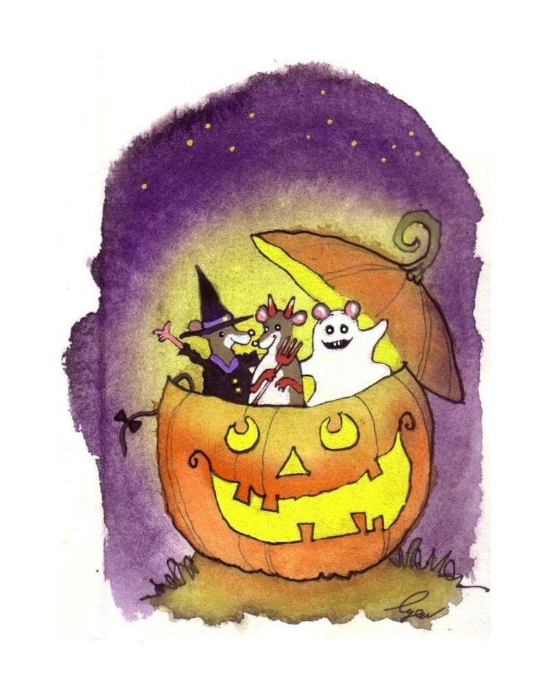 May include: Three mice dressed as a witch, a devil, and a ghost are riding inside a glowing orange jack-o'-lantern with a purple and yellow watercolor background.