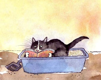 Funny Tuxedo Cat Bathroom Card: Watercolor Art Greeting