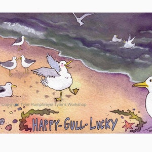 Tarjeta de acuarela de pájaro gaviota - Arte de aves - Tarjeta de felicitación de pájaro - Impresión divertida de acuarela de playa 'Happy Gull Lucky'