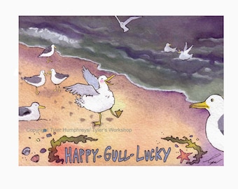 Seagull Watercolor Greeting Card: Funny Beach Bird Art