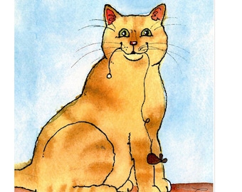 Funny Orange Tabby Cat Card: Watercolor Cat Portrait