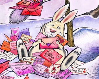 Watercolor Valentine’s Day Card – Bunny Mailbox of Love | Whimsical Rabbit Illustration | Late Valentine Card